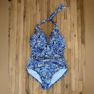 Ralph Lauren Blue Floral Tummy Control One-Piece Swimsuit Halter Top Size 14